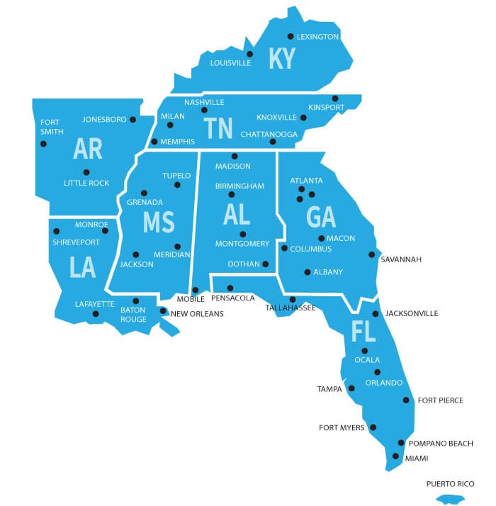 Ward Nation LTL Freight Map - Sureste