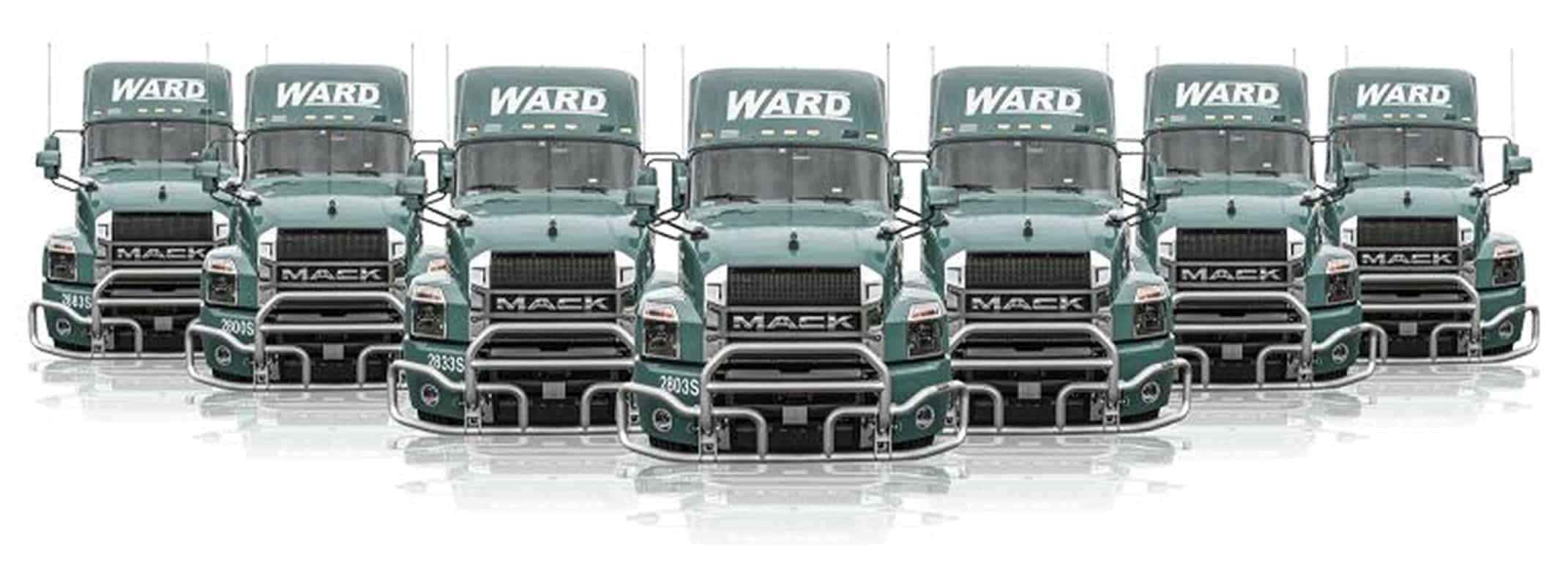 Ward Equipment - line of Mack tractor trailers with Ward on Top