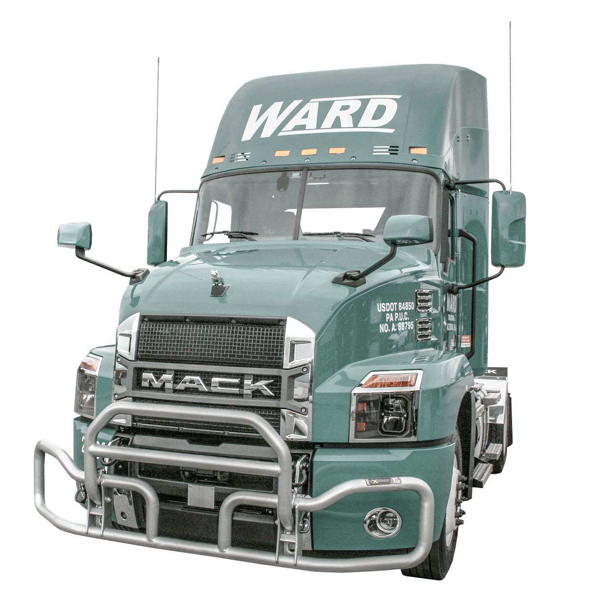 Un camión Mack - Verde - con el nombre de Ward en la parte superior