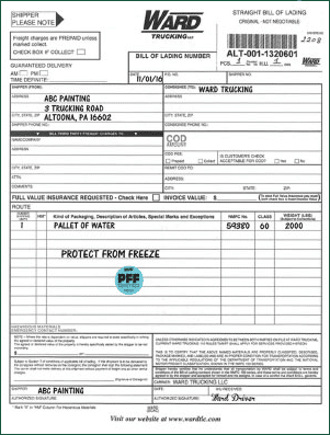 Protect Freight from Freeze (PFF) noted on Bill of Lading