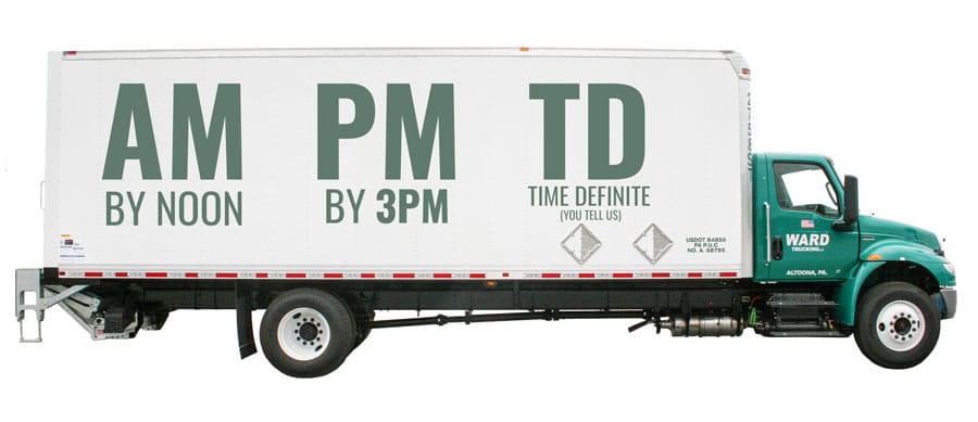 Tractor Trailer with AM by Noon, PM by 3pm, and TD Time Definite (You Tell Us) on side of truck with green cab and Ward on the door