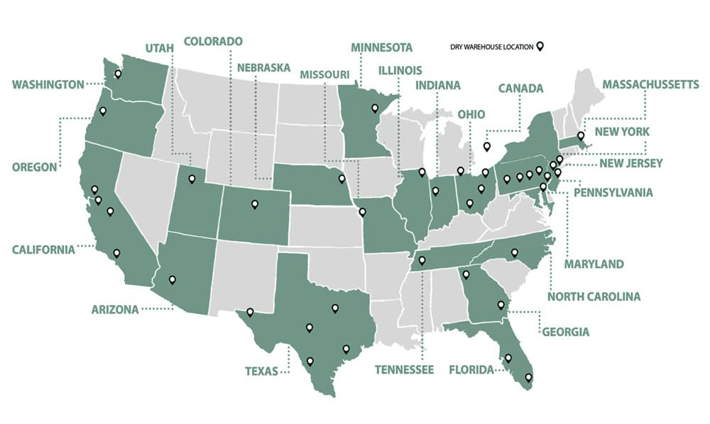 Mapa de EE. UU. con ubicaciones de Ward Warehousing Solutions mostradas