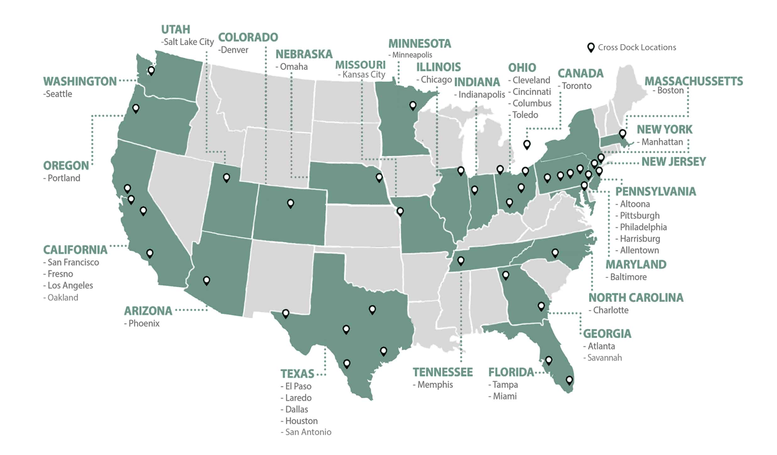 map of U.S. Cross Dock & Transloading Locations - Ward TLC