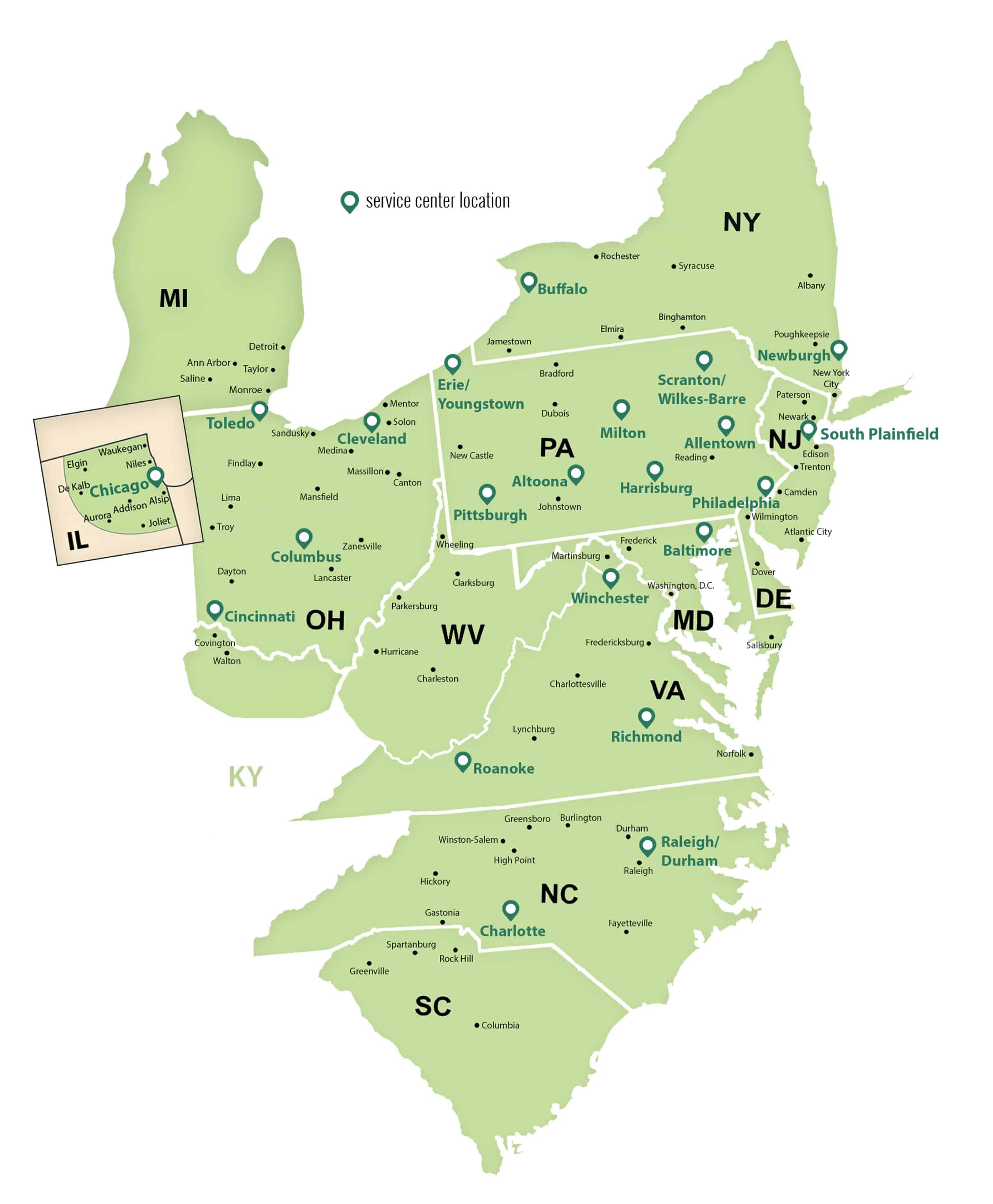 Map of Ward LTL Freight States - Service Area Map - 22 Service Centers