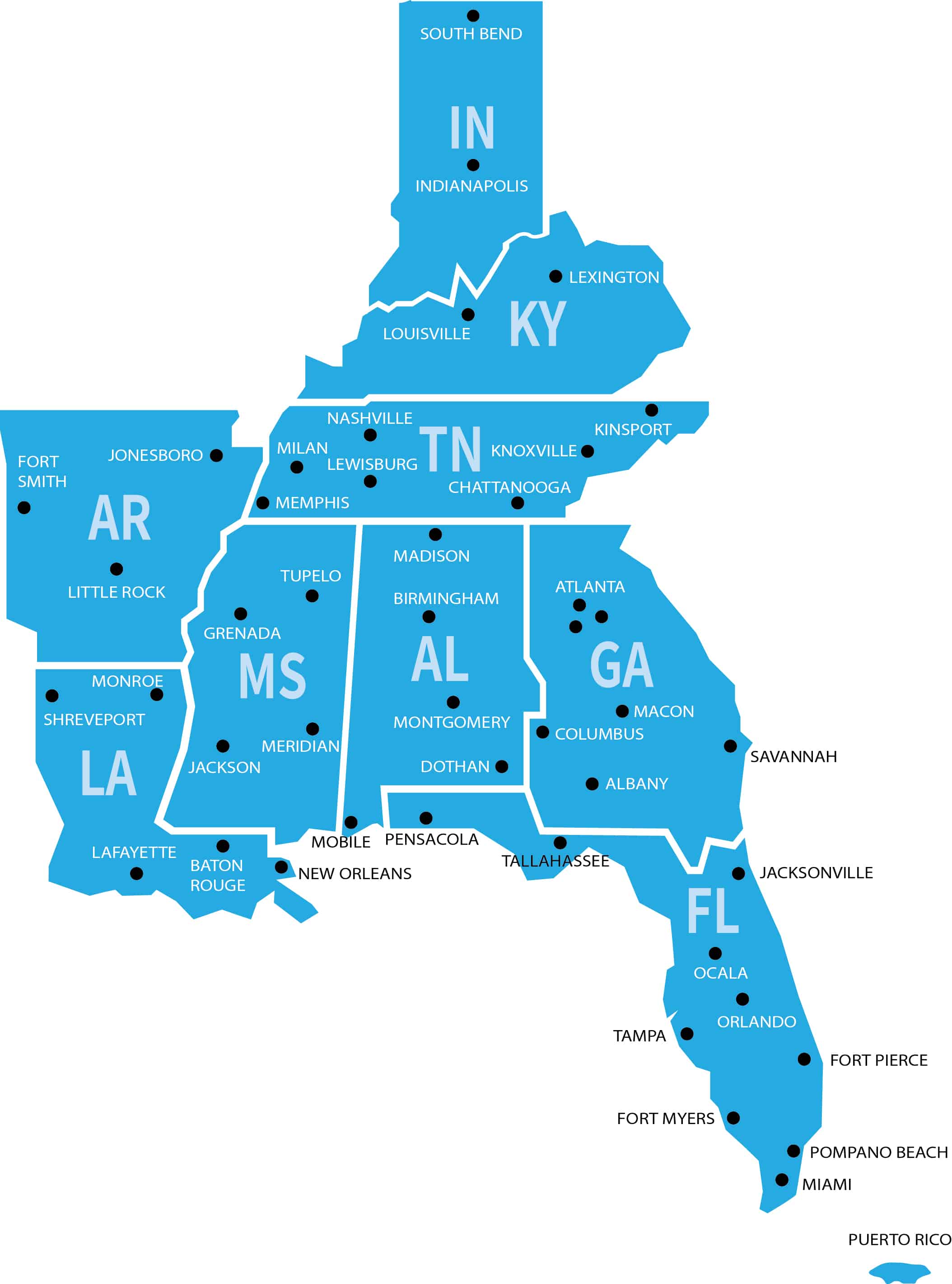 Ward Nation Freight Trucking Map - Southeast